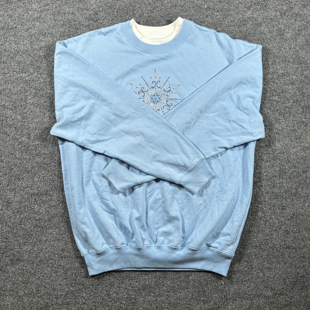M&C Sportswear Sweatshirt Womens Size Large Blue Snowflake Beaded Double Collar